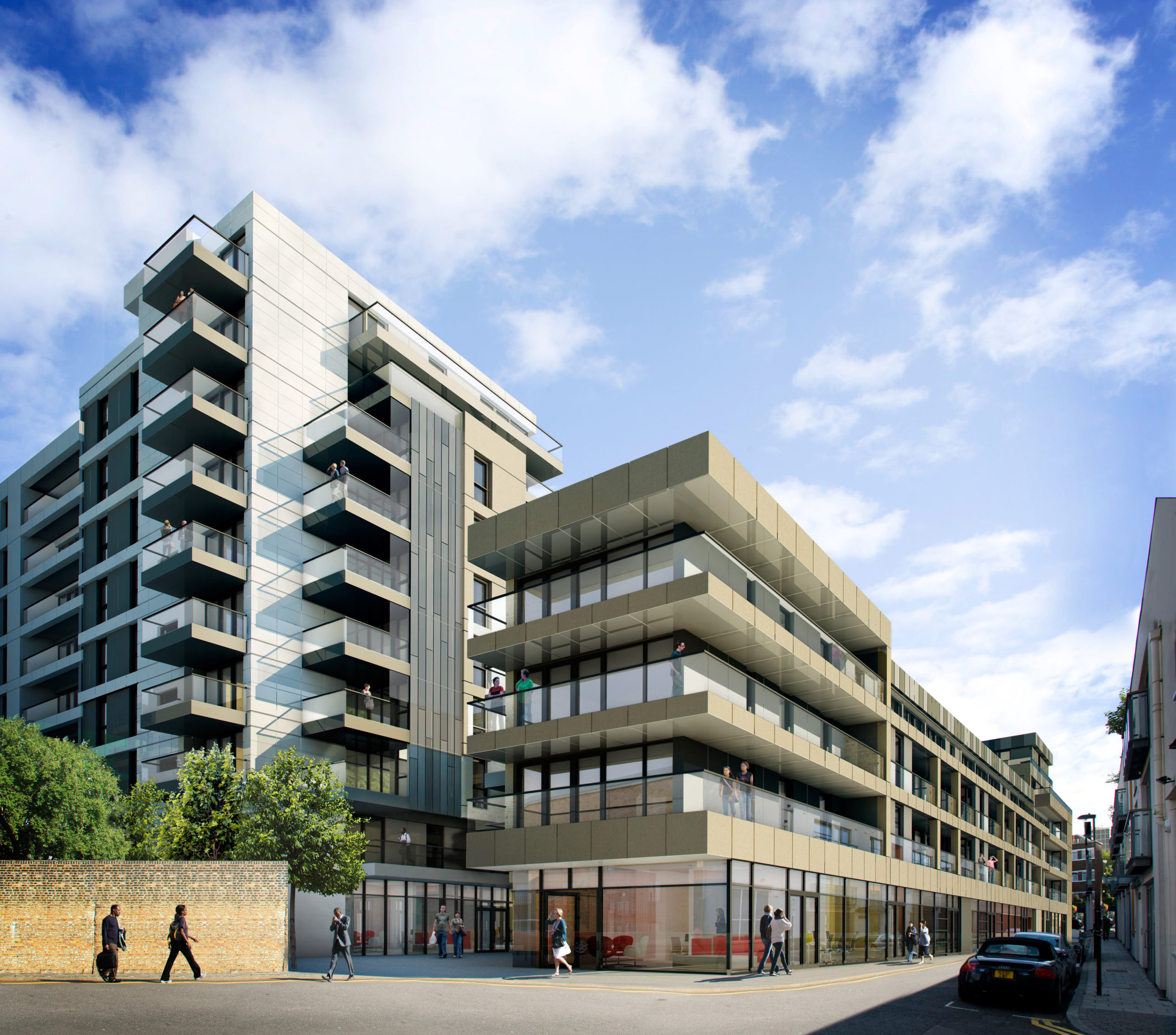 A mock-up of Central Square EC1 shows a larger building tower next to a smaller one surrounded by streets, hedge greenery, and people walking by.