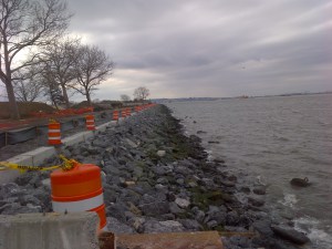 The seawall of Governors Island can be seen stretching to the horizon near craggy trees and the sea and surrounded by orange construction cones.